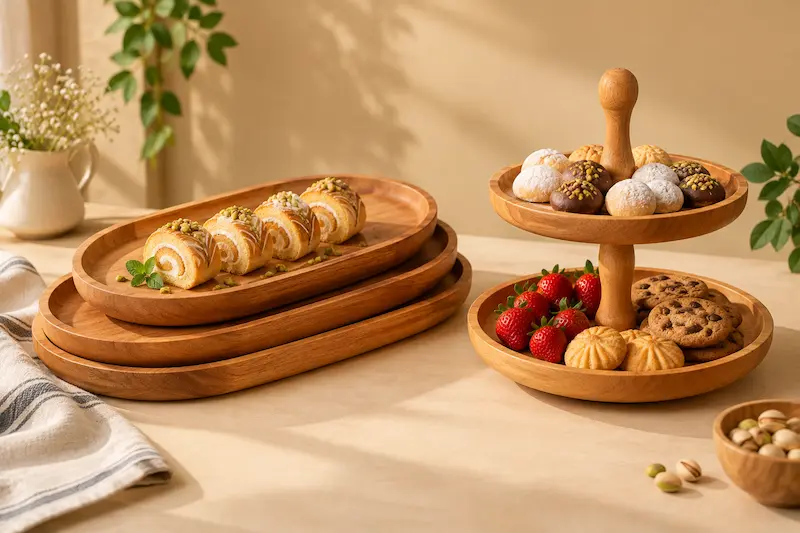 رولتخوری بیضی رابروود و شیرینیخوری دو طبقه چوبی برای پذیرایی از مهمان